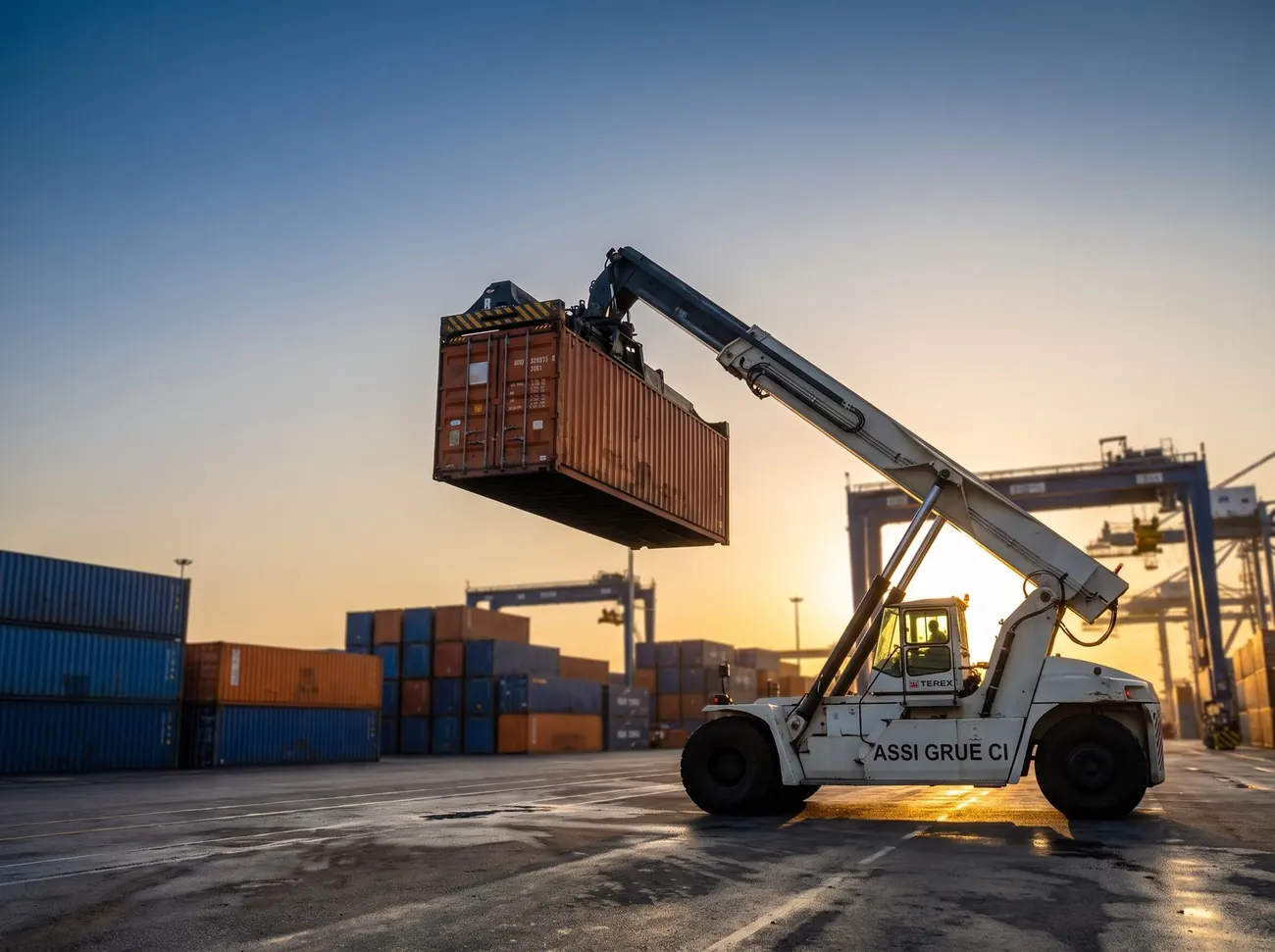 Reach stacker blanc ASSI GRUE CI levant un conteneur au port d'Abidjan